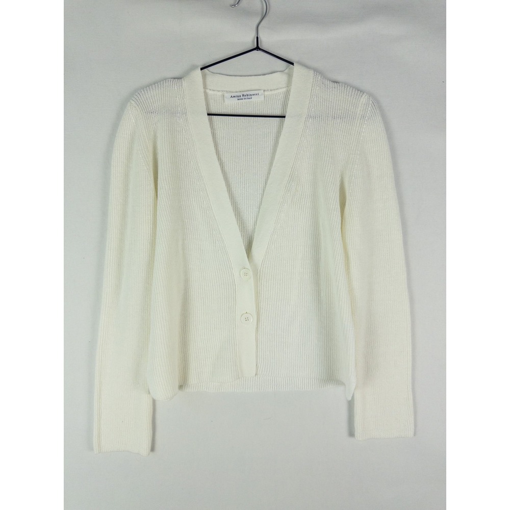 Amina Rubinacci Linen Ribbed Cardigan Womens IT 44 Ivory White V-Neck Quiet Luxu